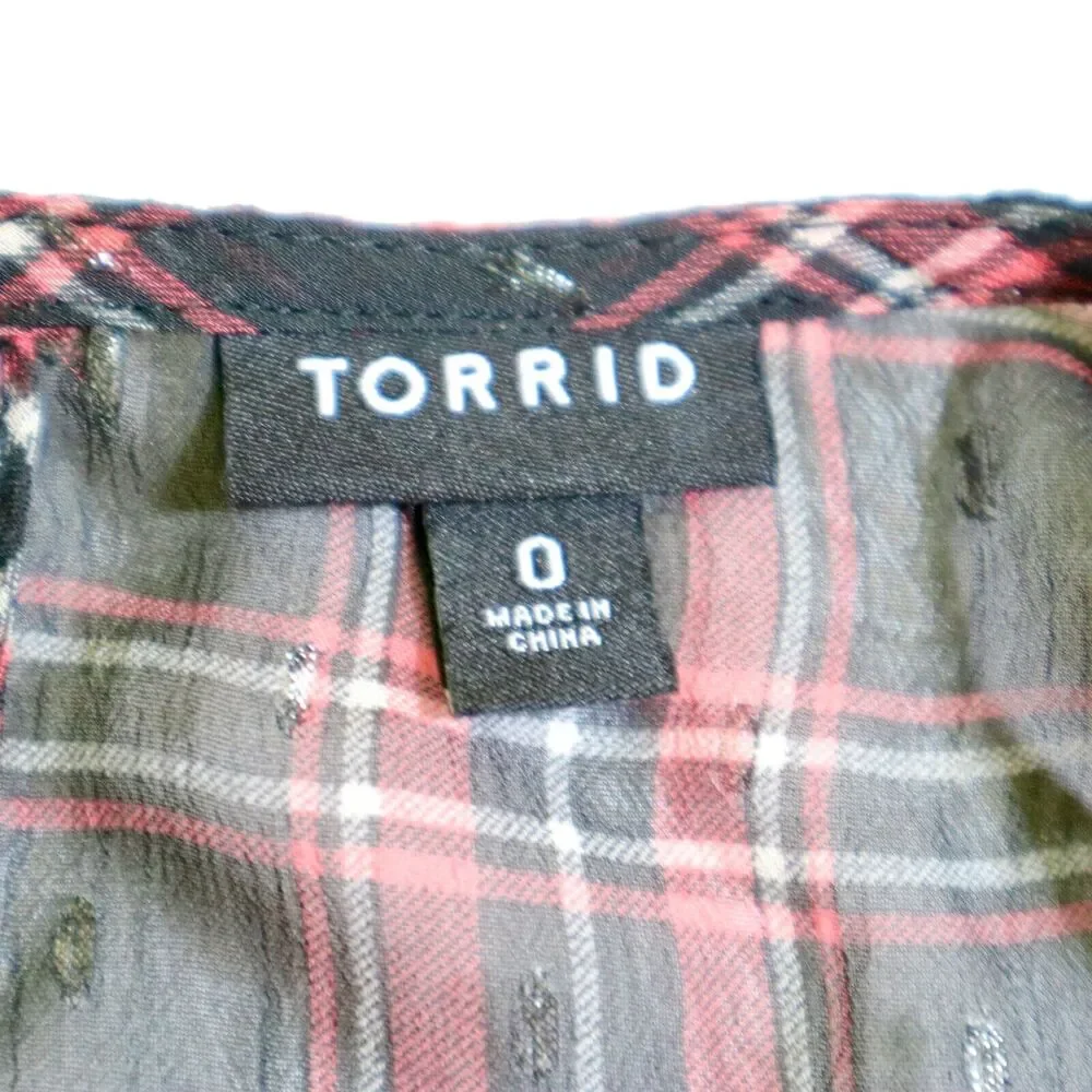 Torrid Size 0 / L Chiffon Lurex Ruched Sleeve Blouse Plaid Red Black